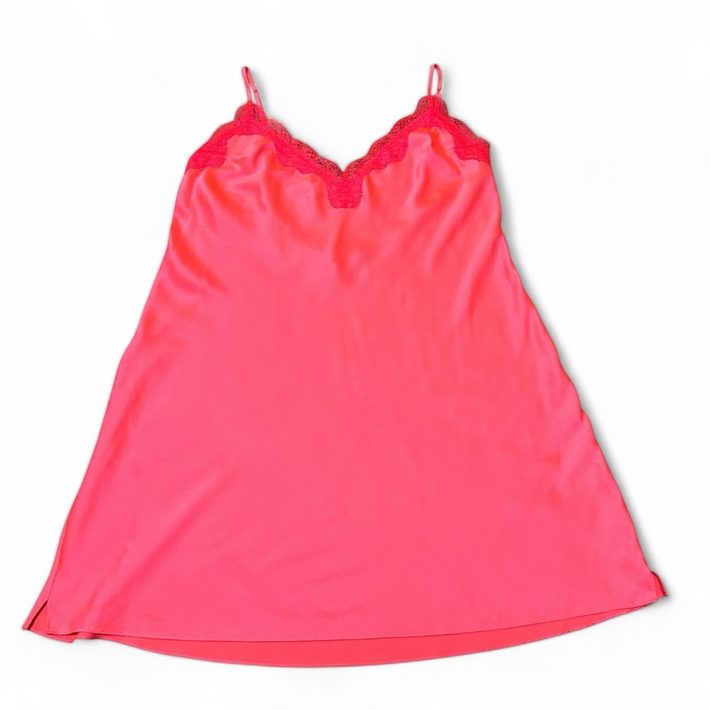 Victoria’s Secret Neon Pink Lace Trim Open Back Mini Slip Dress Size Medium